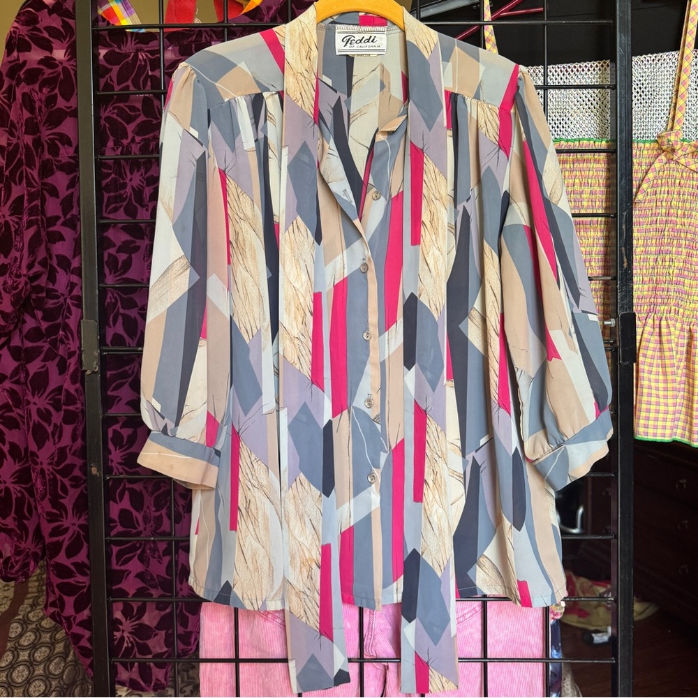 Vintage Teddi of California - Women's Geometric Neck Tie Blouse